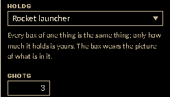 The inspector's Holds and Shots rows for a pickup box holding a rocket launcher