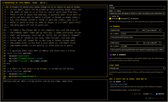 The script window open on the Koopa script: the script on the left with its log under it, and its name, numbers and Start from on the right