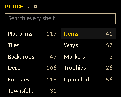 The palette: a search box and its shelves, Platforms, Items, Tiles, Ways and the rest, with how many each holds